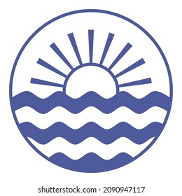 Rising Sun Over Ocean Water Level. Blue Waves. Simple Shapes And Laconic Geometry. Marine Colors And Original Image. Minimalism In Nautical Style. Navigation, Fishing, Ship, Bungalow Or Beach Theme.