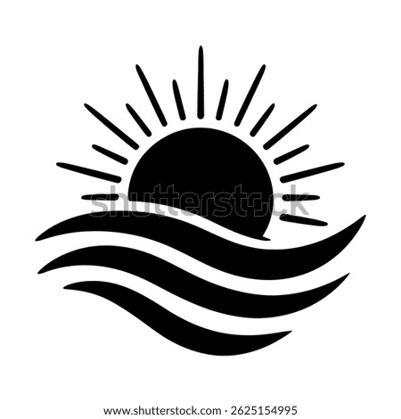 Rising Sun Over Ocean Waves. vector: Ideal for use as a tattoo, icon, web graphic design, and infographic concepts."