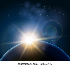Rising Sun over the planet Earth. Illustration in realistic style