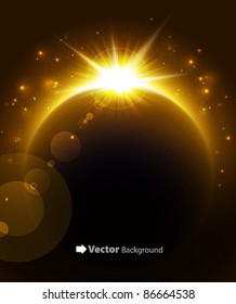 Rising Sun over the planet. Vector space background.