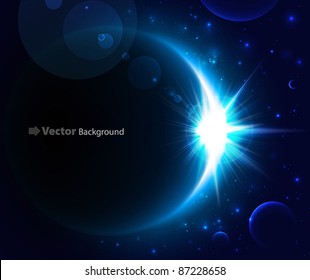 Rising Sun over the planet. Vector space background.