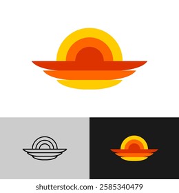 Rising sun with reflections stylized logo. Red, orange and yellow concentric circles around the sun and wide horizontal elegant lines as heat waves above the water or earth surface. Editable stroke.