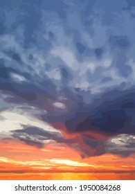 Rising sun from the sea to the cloudy sky. Seascape.
