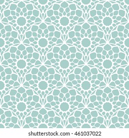 Rising sun seamless pattern. Stylish textile print with lacy design. Mint ethnic fabric background.