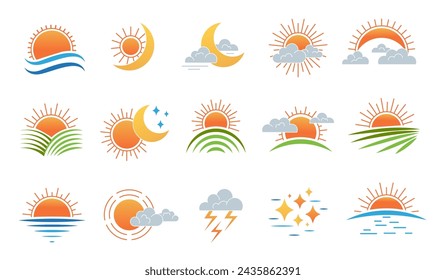 Sol naciente. Estrellas luna y puesta de sol en las nubes recientes símbolos vectoriales de día y noche