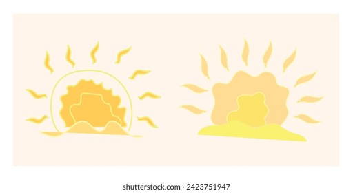  Steigende Sonne, Sonnenuntergang, Morgenbilder untergehen. Abstrakte Grunge Vektor Sonnenformen. orangefarbener gelber Kreis, flammender Kronrahmen. Maslenitsa, Shrovetide-Hintergrund.  Feuerfarben in runder Form, Flecken.