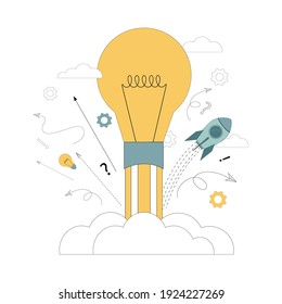 Rising, Taking Off Light Bulb. Idea Concept Vector Flat Illustration On White Background