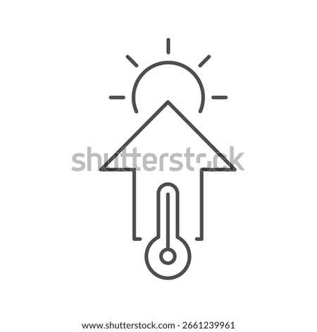 Rising Temperature icon. Up arrow with thermometer and the sun symbol. Global warming, ecology, environment vector illustration in line style.