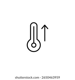 Rising temperature symbol with a thermometer and an upward arrow. Minimalist monoline icon for increasing heat or warming trend. Isolated on white.