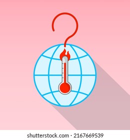 Termómetro de temperatura creciente en el globo y signo de interrogación con icono de llama como un truco de problema del calentamiento global. Estilo de diseño plano de la ilustración del vector. 
