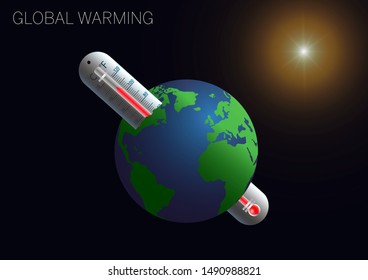 Rising temperature thermometer in planet earth, global warming environmental concept vector illustration