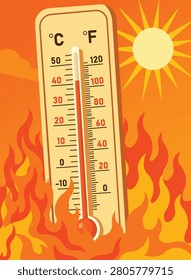 Rising thermometer surrounded by flames beneath intense sunshine illustrating severe heatwave conditions climate warming environmental stress and escalating temperature extremes affecting outdoor weather patterns