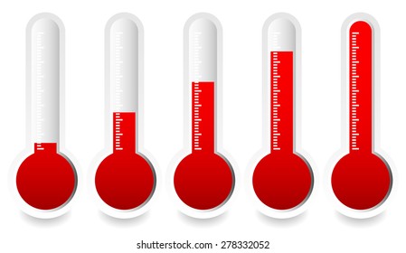 aufsteigendes Thermometer, Thermograph-Set. Vektorelemente. Temperatur, Klimakonzepte.