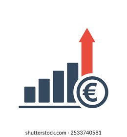 rising trend bar chart with euro sign and red up arrow, european union currency growth indicator, positive economic dynamic forecast infographic, tax increasing vector icon