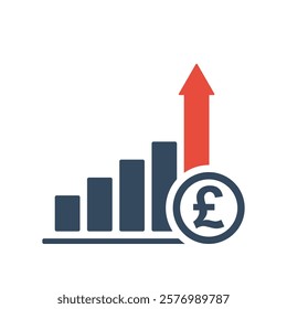 rising trend bar chart with pound sterling sign and red up arrow, united kingdom currency growth indicator, positive economic dynamic forecast infographic, tax increasing vector icon