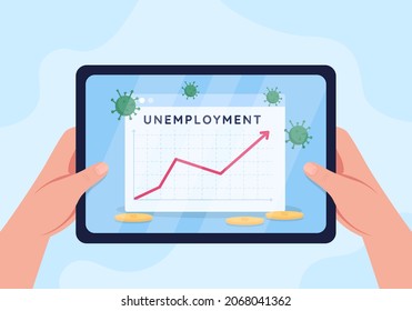 Rising Unemployment Rate Flat Color Vector Illustration. Crisis In Job Market. Impact Of Viral Pandemic. Looking At Online Statistics 2D Cartoon First Person View On Tablet Background