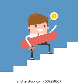 Rising up. Businessman holding an arrow sign