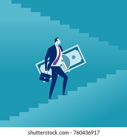 Rising up. Businessman holding an banknote, rising up the stairs. Vector concept illustration.
