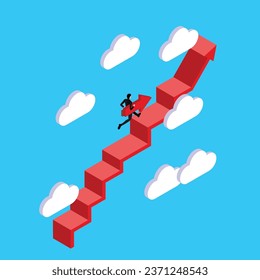 Rising up. Career progression. Businessman rising up the stairs holding an arrow sign 3d vector illustration concept for banner, website, illustration, landing page, flyer, etc