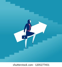 Rising up. Career progression. Businesswoman rising up the stairs holding an arrow sign. Vector concept illustration.