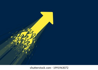 Rising upwards arrow rocket. Growing arrow chart on blue background. Business growth arrow. Financial success. Profit sales, marketing, investment. Flat vector illustration.