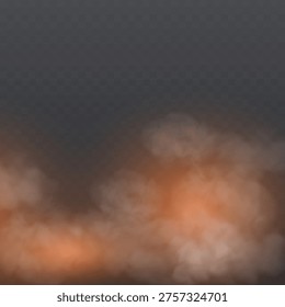 Rising warm smoke plume with glowing amber haze and soft drifting mist.