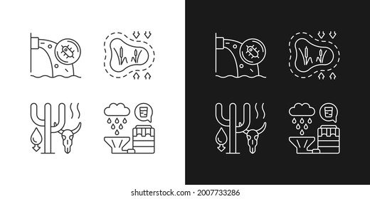 Rising water demand linear icons set for dark and light mode. Water contamination. Disappearing wetlands. Customizable thin line symbols. Isolated vector outline illustrations. Editable stroke
