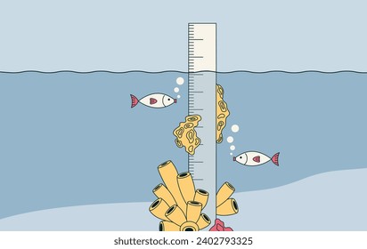 Rising water levels in the ocean and sea. Measuring water level in reservoirs, rivers, lakes, oceans. Melting glaciers, global warming concept. Measurement volume, thin line web banner in a flat style