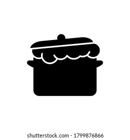 Rising yeast dough, saucepan with lid. Silhouette icon of kneading dough. Black simple illustration of fancy bread, homemade bakery products. Flat isolated vector pictogram, white background