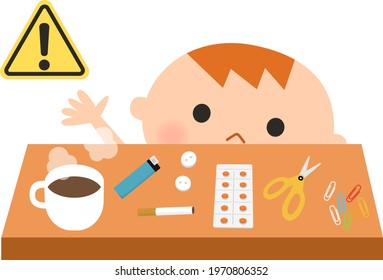 Risk of accidental ingestion with baby. Flat vector cartoon illustration. Accident prevention, safety concept