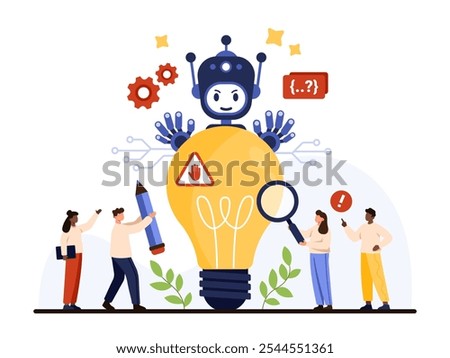Risk of AI negative decision, ethics and law. Tiny people holding magnifying glass and pencil to analyze artificial intelligence idea, evil robot holding light bulb cartoon vector illustration