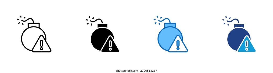 Vector de diseño de íconos de estilo múltiple: bomba con signo de exclamación que simboliza peligro, riesgo o amenaza crítica en un sistema o proyecto