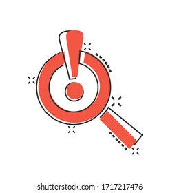 Risk analysis icon in comic style. Exclamation magnifier cartoon vector illustration on white isolated background. Attention splash effect business concept.