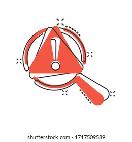 Risk analysis icon in comic style. Exclamation magnifier cartoon vector illustration on white isolated background. Attention splash effect business concept.