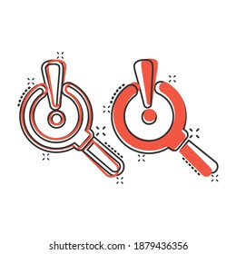 Risk analysis icon in comic style. Exclamation magnifier cartoon vector illustration on white isolated background. Attention splash effect business concept.