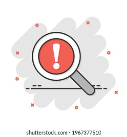 Risk Analysis Icon In Comic Style. Exclamation Magnifier Cartoon Vector Illustration On White Isolated Background. Attention Splash Effect Business Concept.