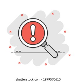 Risk analysis icon in comic style. Exclamation magnifier cartoon vector illustration on white isolated background. Attention splash effect business concept.