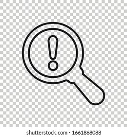 Risk analysis icon in flat style. Exclamation magnifier vector illustration on white isolated background. Attention business concept.