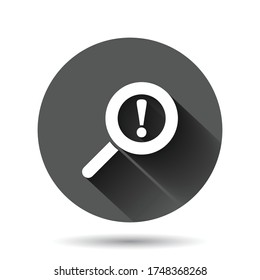 Risk analysis icon in flat style. Exclamation magnifier vector illustration on black round background with long shadow effect. Attention circle button business concept.