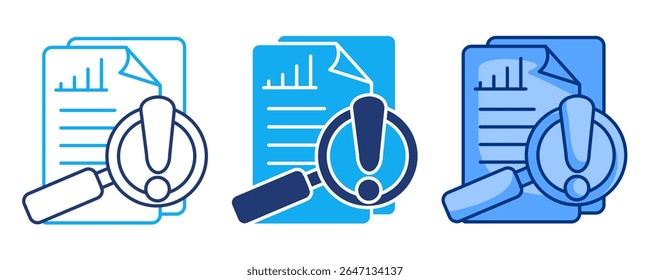 Icono de análisis de riesgo representado por documento, lupa, signo de exclamación, texto Azul, Dualine, estilo Dualtone.