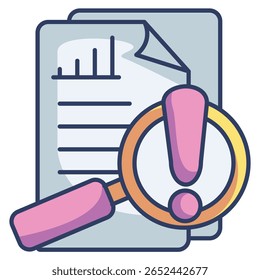 Risk analysis icon represented by document, magnifying glass, exclamation mark, text Lineal Color style.