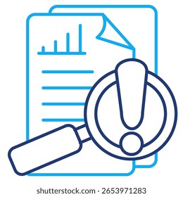 Risikoanalyse Symbol dargestellt durch Dokument, Lupe, Ausrufezeichen, Text Dual Line Stil.