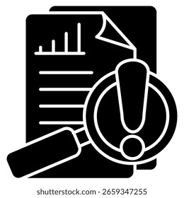 Risikoanalyse Symbol dargestellt durch Dokument, Lupe, Ausrufezeichen, Text Schwarz Gefüllt Stil.