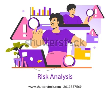 Risk analysis illustration shows a focused individual analyzing potential hazards using visual tools. This scene captures the importance of vigilance and preparation in decision-making. Vector