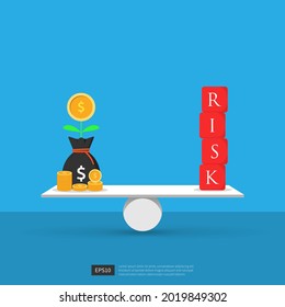 Risk analysis and management concept. Dollar and risk on basic balance scale vector illustration svg