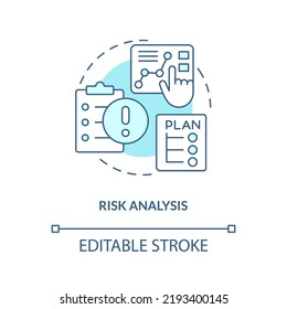 Icono de concepto turquesa de análisis de riesgos. Posible riesgo. Ilustración en línea delgada de un componente del plan de gestión de crisis. Dibujo de contorno aislado. Trazo editable. Fuentes Arial, Myriad Pro-Bold