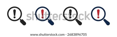 Risk analysis vector icons set. Exclamation magnifier vector illustrations set. Risk observation sign