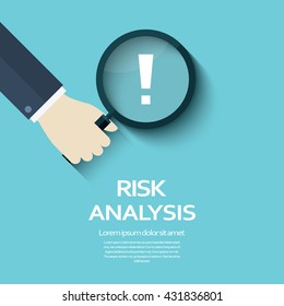 Risk analysis vector illustration background with magnifying glass and exclamation mark. Eps10 vector illustration.