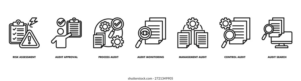 o vetor do conjunto de ícones de avaliação de riscos e controle de auditoria consiste em avaliação de riscos, aprovação de auditoria, auditoria de processos e monitoramento de auditoria.