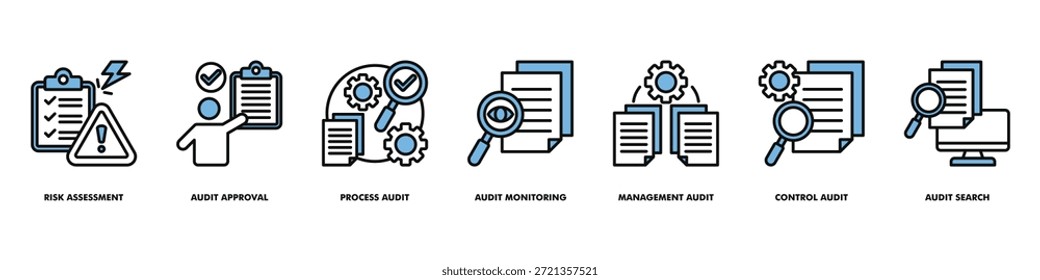 o vetor do conjunto de ícones de avaliação de riscos e controle de auditoria consiste em avaliação de riscos, aprovação de auditoria, auditoria de processos e monitoramento de auditoria.